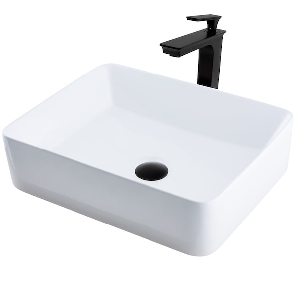 Novatto White Porcelain Vessel Sink Combo with Matte Black Faucet, Drain and Sealer NSFC-01321368MB - main